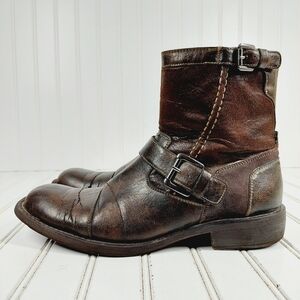 Hotter Brown Leather Buckle Detail Combat Moto Ankle Boots E175